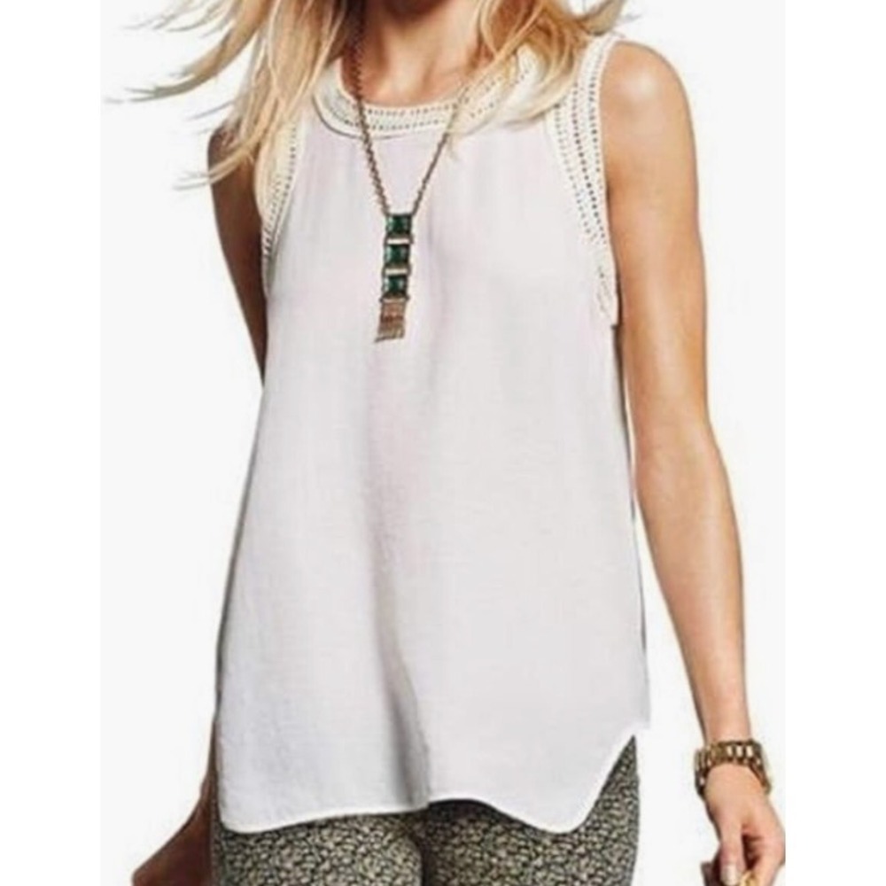 CABI 5042 MARISA White Silky Tank Top w/IVORY CROCHET TRIM Breezy Flowy SZ S